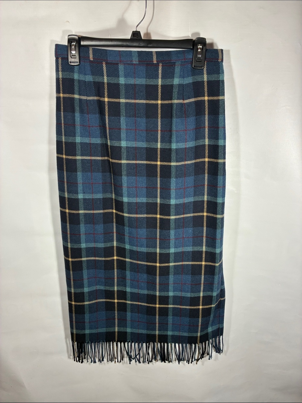 Requirements Navy Blue Plaid Fringe Midi Skirt